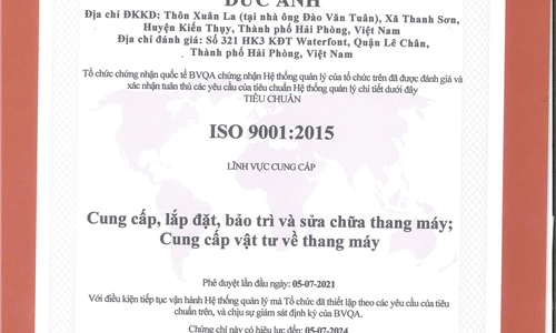 Thang máy Đức Anh tự hào đón nhận chứng chỉ ISO 9001:2015