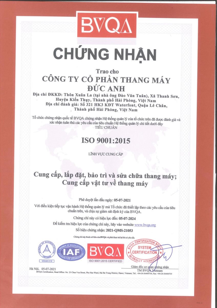 Giấy chứng nhận hệ thống tiêu chuẩn chất lượng ISO 9001:2015